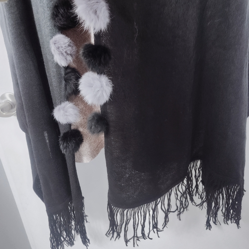 Ombre Shawl Gray & Black w/ Fur Pom Pom Scarf Wrap - Picture 7 of 8